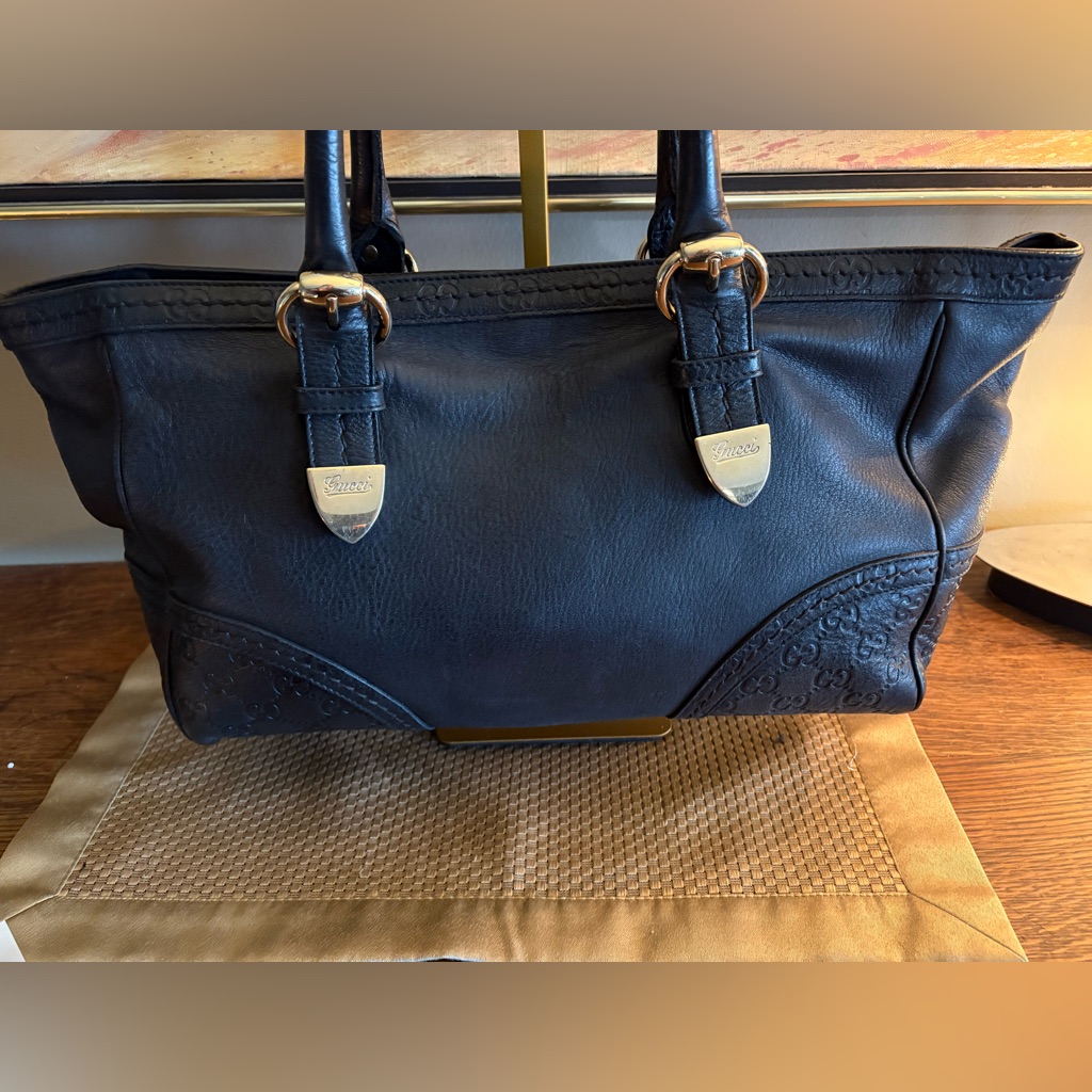 Vintage Gucci Guccissima Leather Tote Bag Black Embossed Gg